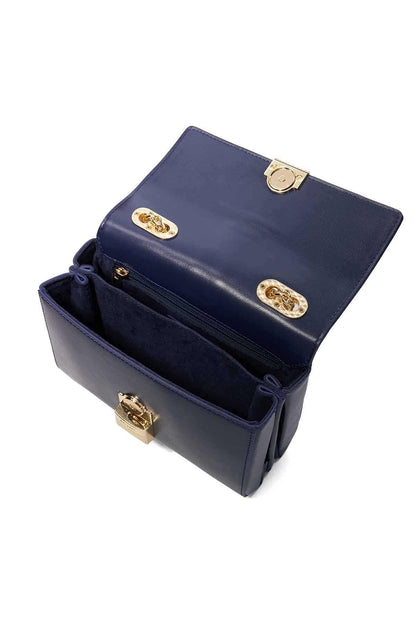 Dune London navy flap bag open view with navy interior and gold hardware