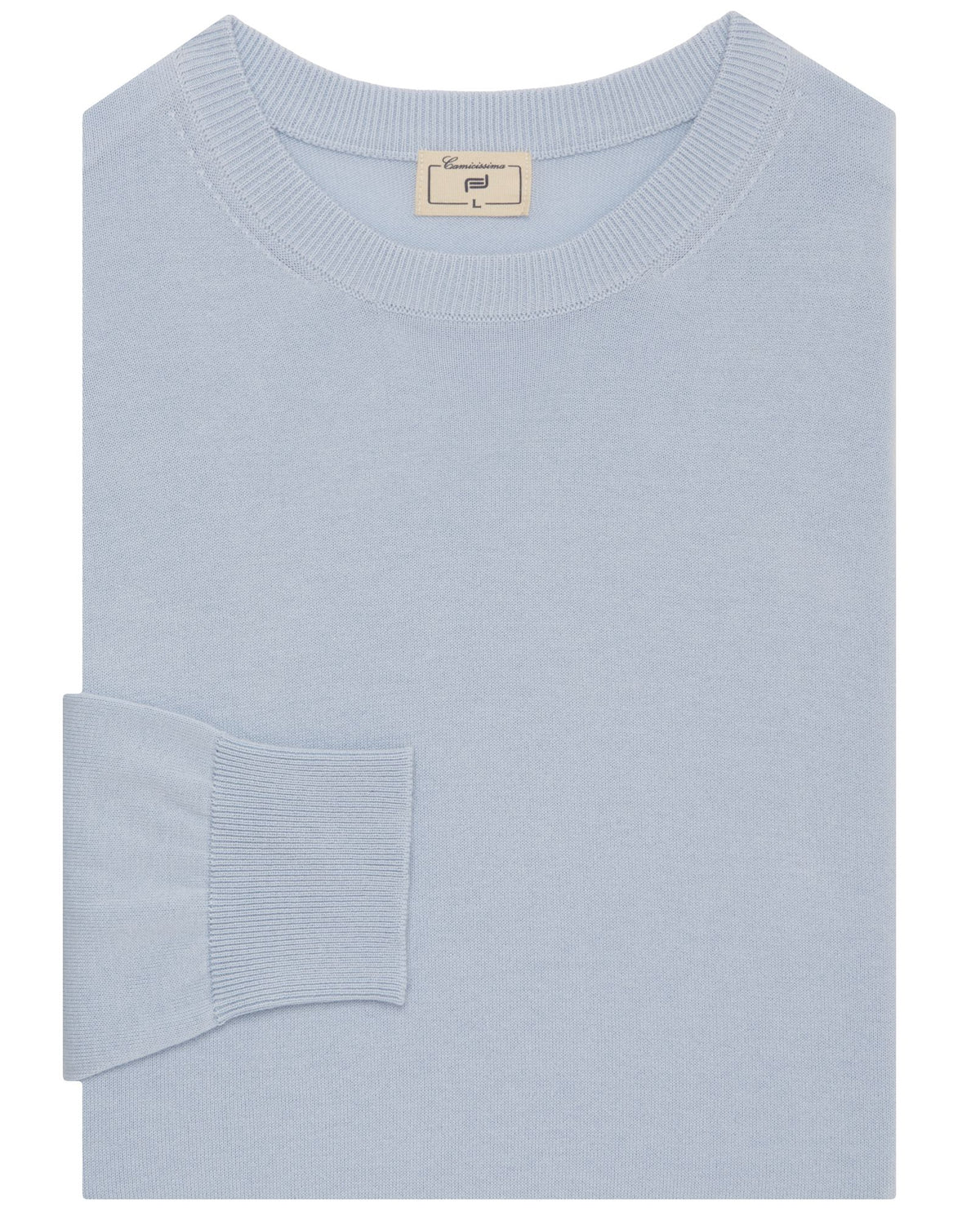 Light blue crewneck sweater with ribbed collar, sleeve cuffs, and neck tag