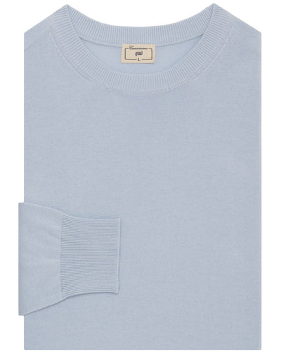 Light blue crewneck sweater with ribbed collar, sleeve cuffs, and neck tag