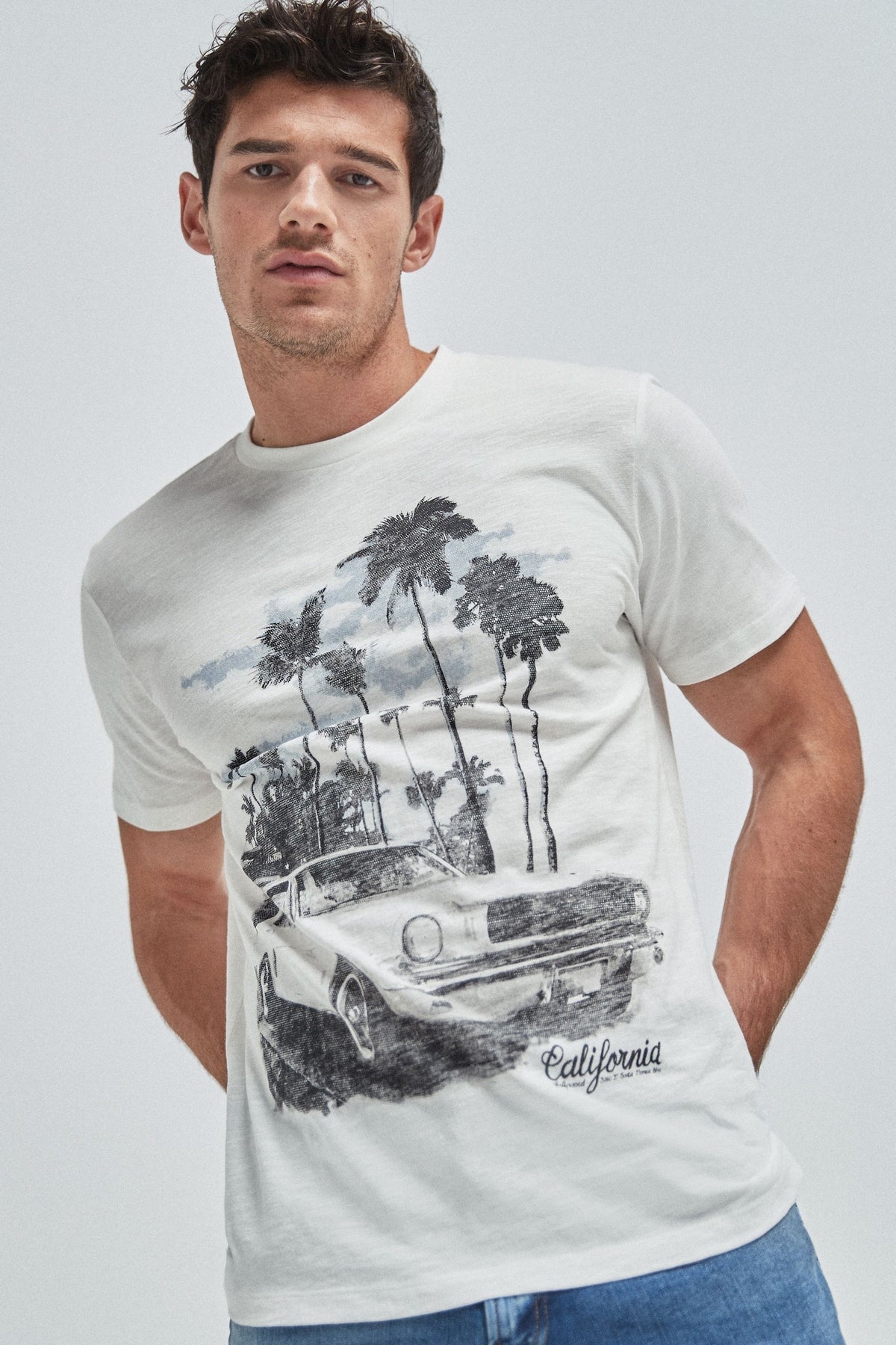 NEXT white graphic T-shirt with palm tree and car print, crew neck, short sleeves