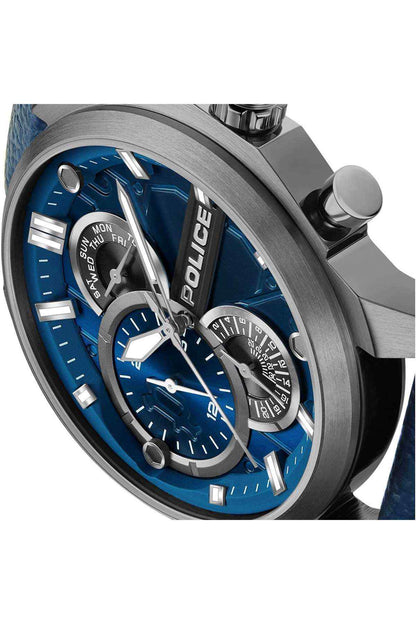 Close-up blue dial watch, stainless bezel with POLICE text and three subdials