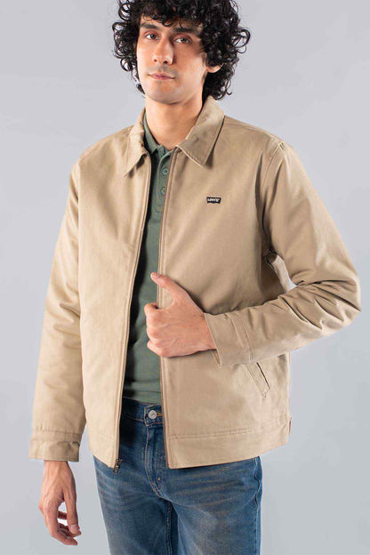 Men's Levi's beige jacket with zip front and two side pockets, front view