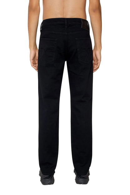 Black straight-leg jeans with button fly and belt loops
