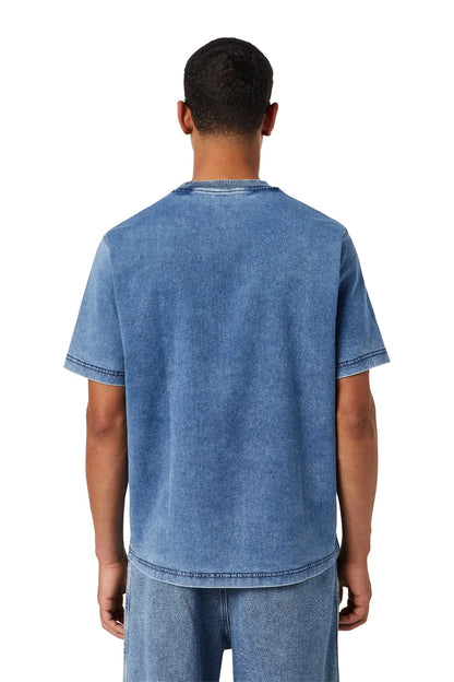 Diesel light blue denim T-shirt back view, short sleeves and crew neck