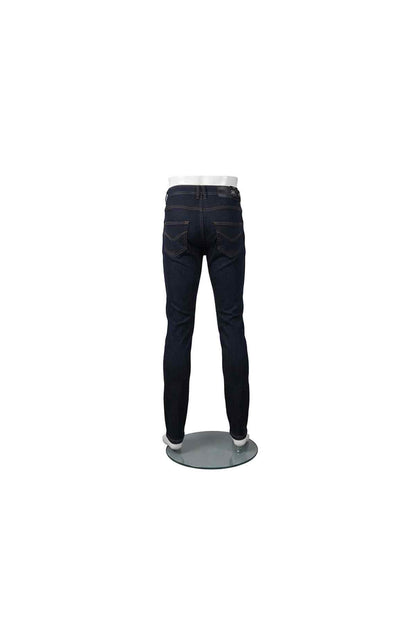 Dark blue denim jeans back view with two back pockets and belt loops
