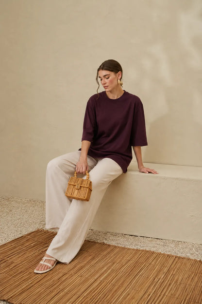 Maroon crew-neck T-shirt with elbow-length sleeves, relaxed fit