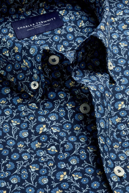 Charles Tyrwhitt blue floral shirt with button-down collar and neck tag