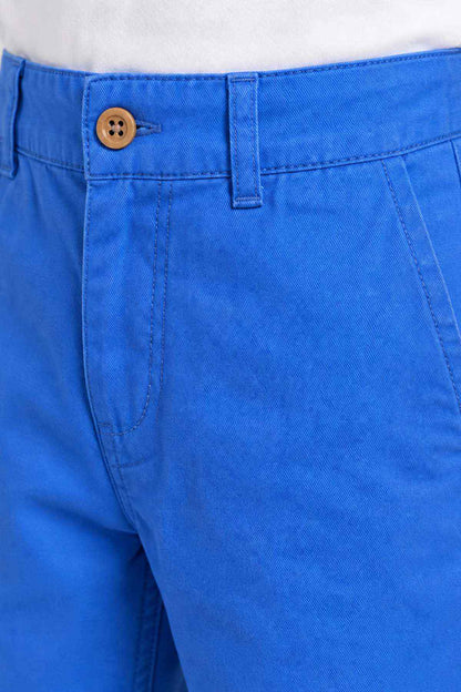 Blue denim pants with brown button and stitched waistband detail.