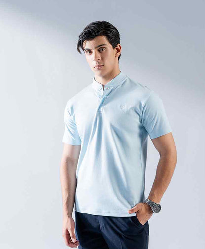 Light blue fitted polo shirt with short sleeves and button placket