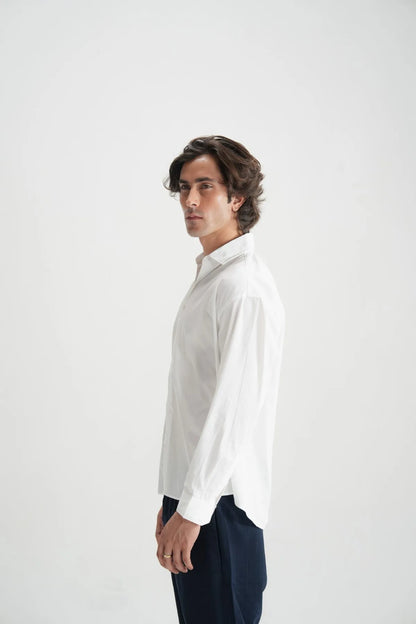 Brackets white button-up shirt side view with long sleeves and shoulder seam
