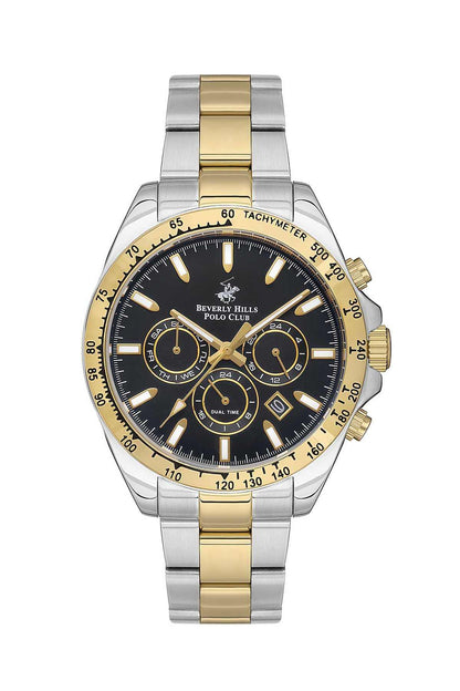 Two-tone silver and gold chronograph watch with black dial and metal bracelet