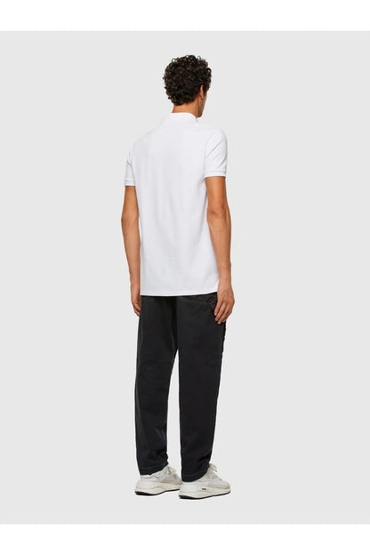 Men's white polo shirt back view with short sleeves and small rear branding