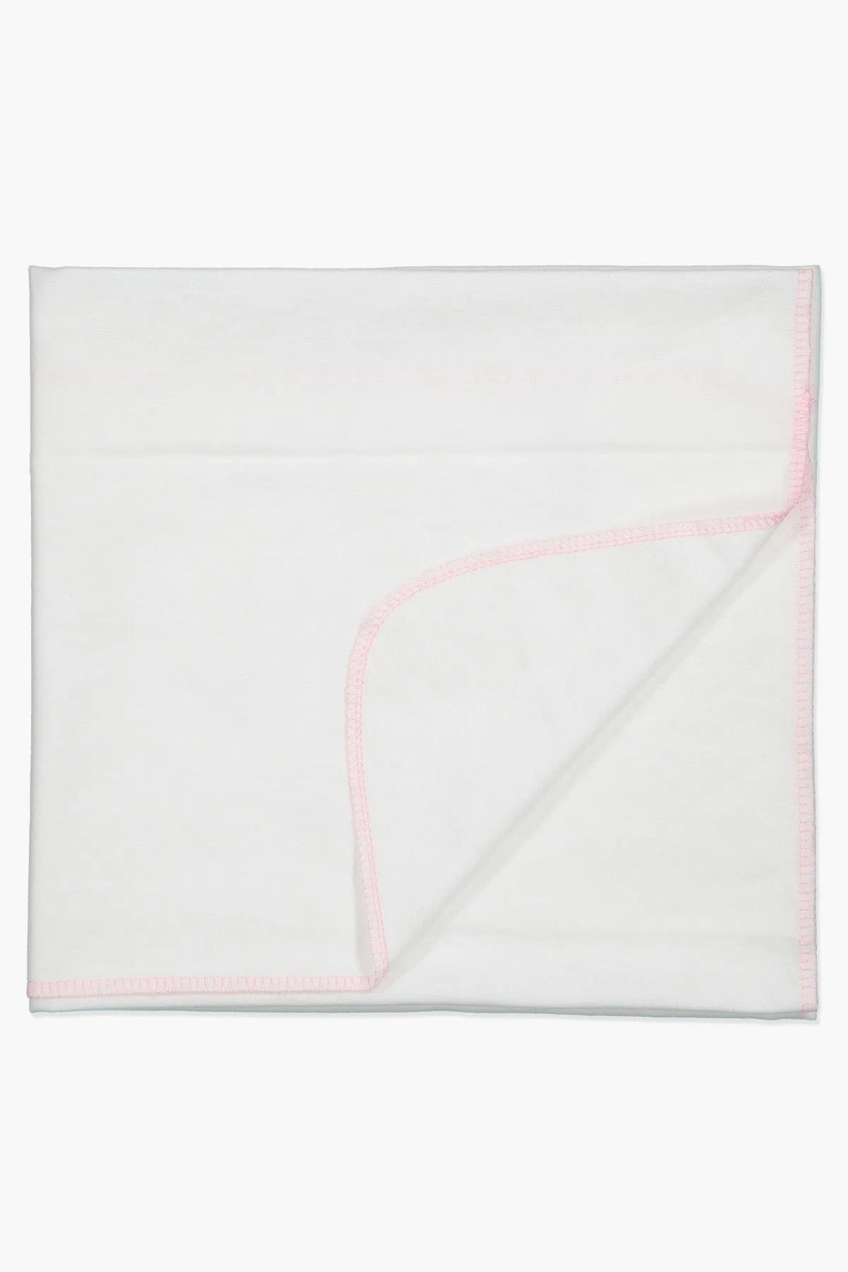 Square baby blanket with pink edge trim, corner overlap detail