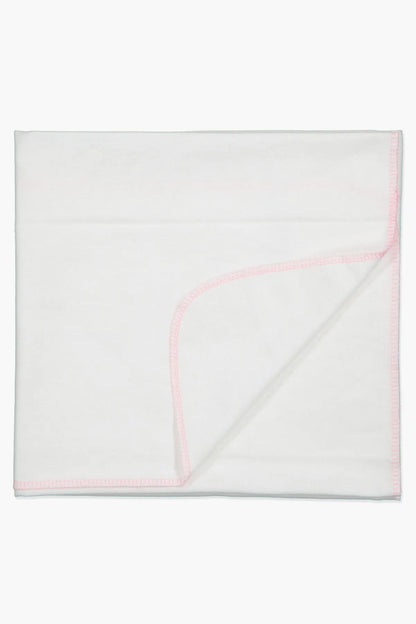Square baby blanket with pink edge trim, corner overlap detail
