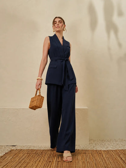 Navy sleeveless wrap waistcoat and wide-leg trousers set, belted front