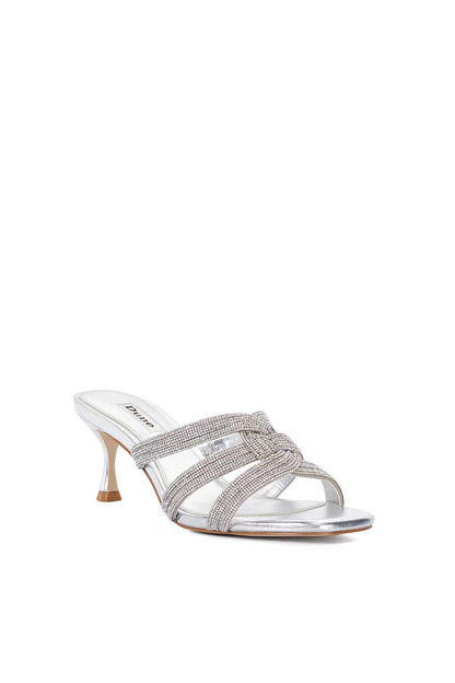 Silver heeled mule sandal with rhinestone strap across open toe