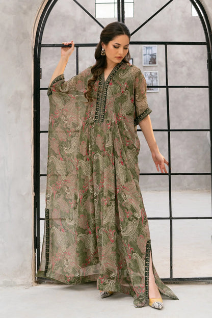 Velour maxi dress close detail, olive green with red paisley print and V-neck trim.