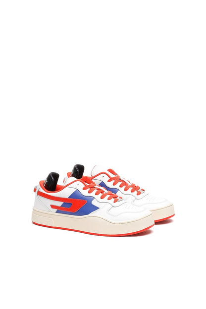 Diesel white low-top sneakers with blue side logo, orange laces, red trim