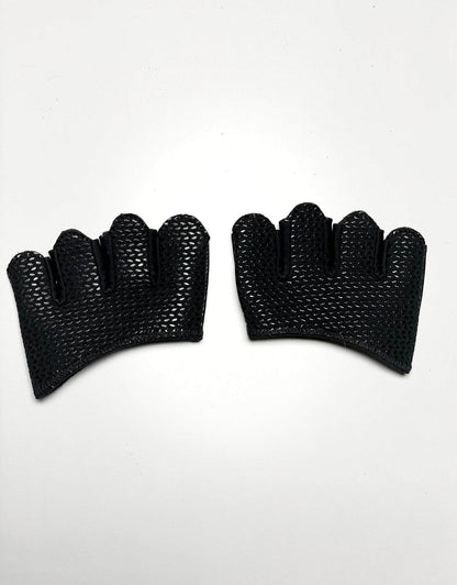 Pair of black fingerless gloves with textured mesh palm and split finger design
