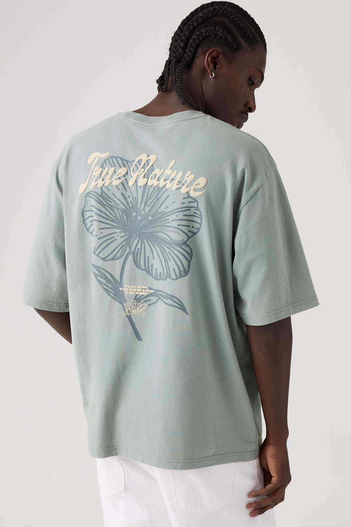 Mint green T-shirt with 'True Nature' back butterfly graphic