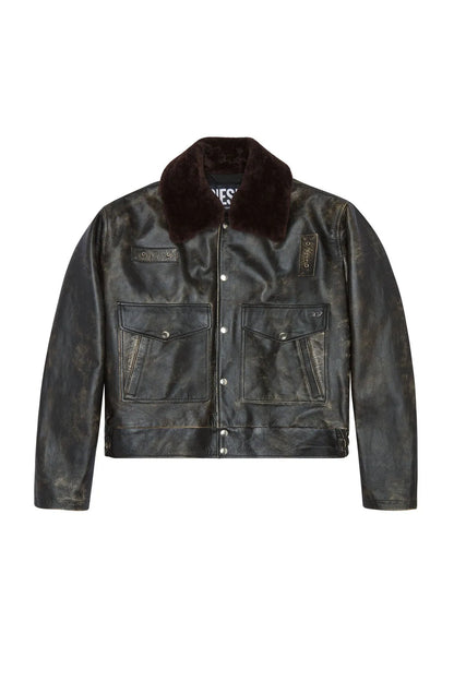 Diesel black leather jacket with faux-fur stand collar and front snap closures