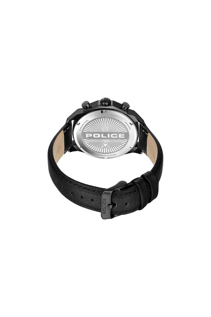 Police wristwatch with silver-toned case back and black leather strap