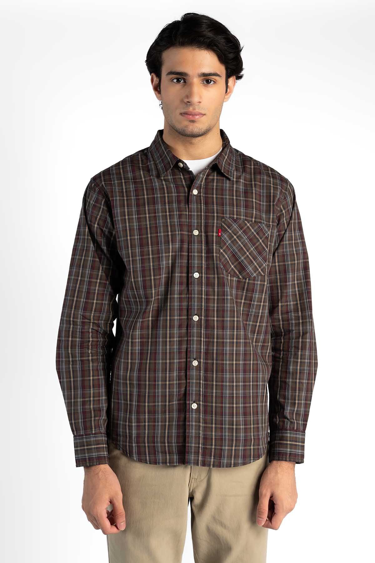 Levi's dark brown plaid button-up shirt with chest pocket and small logo