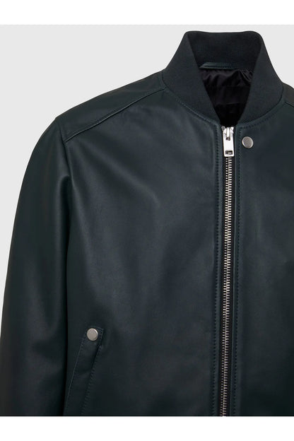 Dark green leather bomber jacket with stand collar, silver zip, snap chest pocket