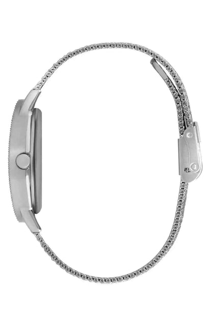Silver metal mesh wristwatch side view with crown and links