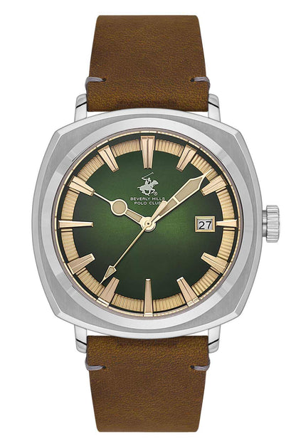 BHPC watch with green dial, gold hour markers, date window, camel leather strap