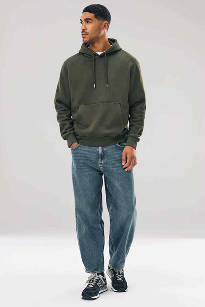 Men's khaki green pullover hoodie with kangaroo pocket and drawstring hood