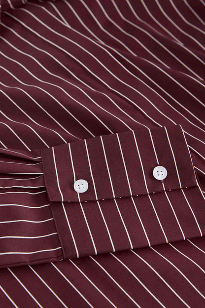 Wine pinstripe shirt sleeve cuff and placket with two-button design
