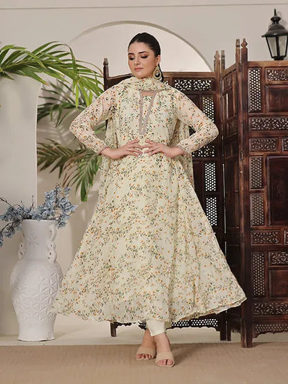 Floral long-sleeve midi dress on light cream, multicolor small print, gathered skirt