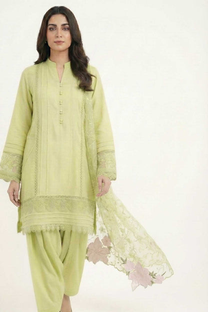 Light green embroidered kurta set with lace-trim hem and floral dupatta