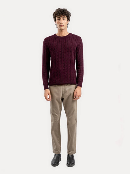 Brumano burgundy cotton cable knit sweater with crew neck and long sleeves