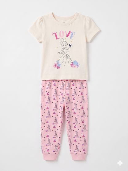 Toddler pajama set: cream Love T-shirt and pink ballerina pattern pants
