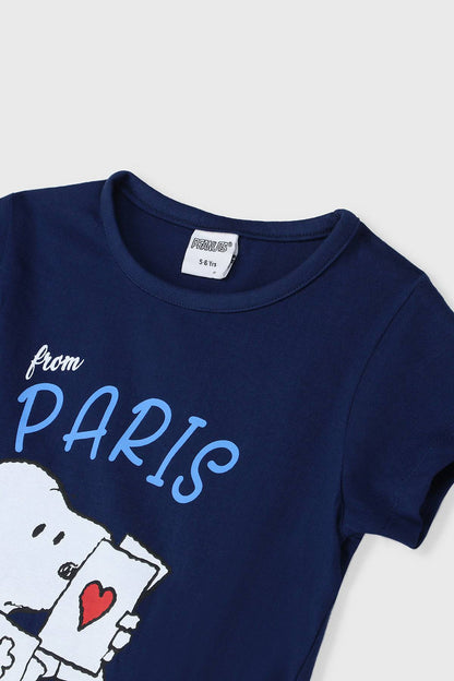 Navy T-shirt with Snoopy heart graphic and 'from PARIS' text, short sleeves