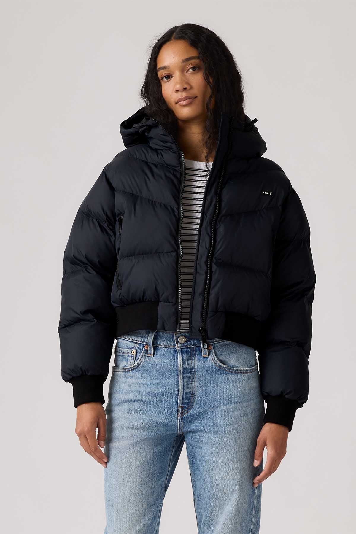 Levi's black puffer jacket with zip front and hood
