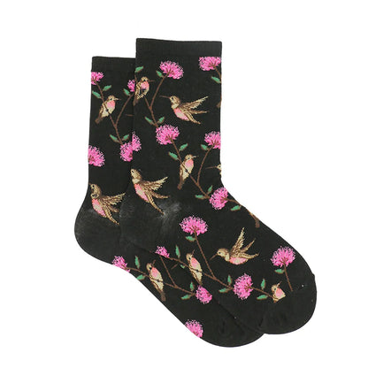 Ankle crew socks with dark base, pink flowers, and bird pattern