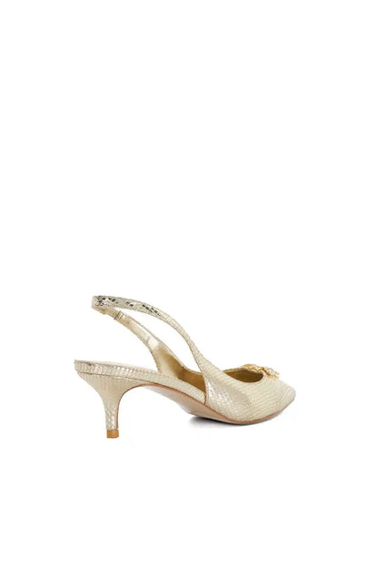 Gold heeled slingback pump, metallic texture, open back with slim strap
