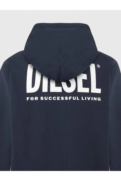 Dark blue Diesel back hoodie with large white brand slogan print