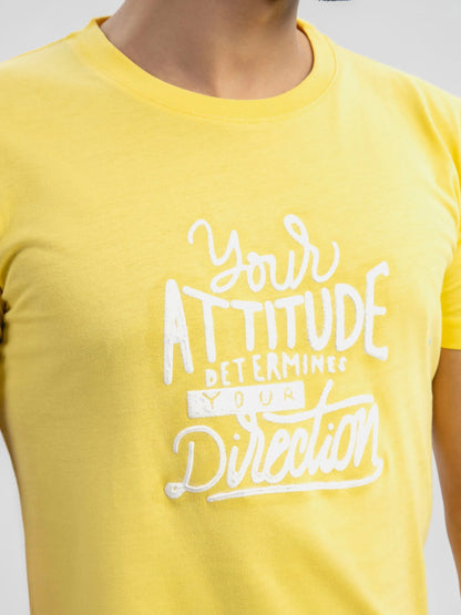 Yellow cotton crew-neck T-shirt with large white graphic lettering.