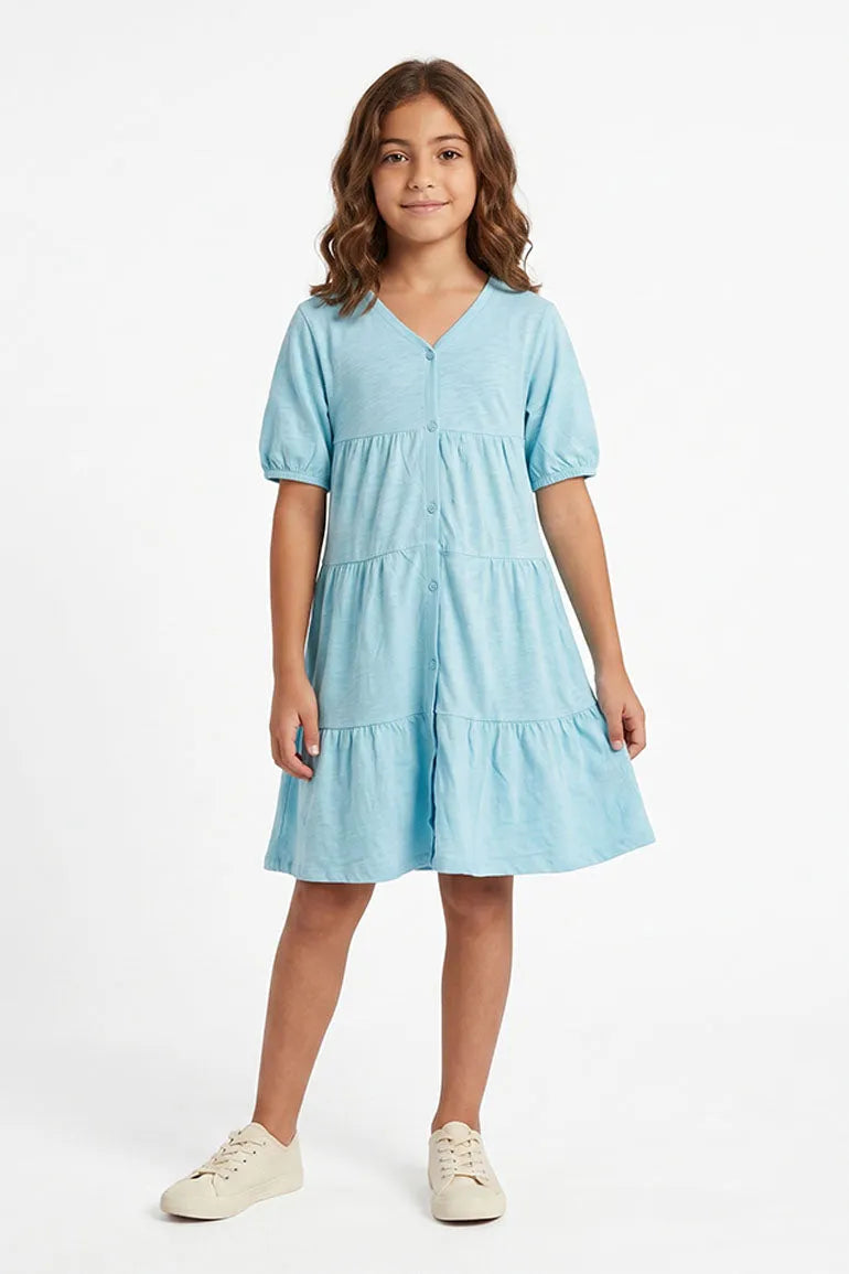 Sky blue girls' short-sleeve tiered dress with button front, knee-length