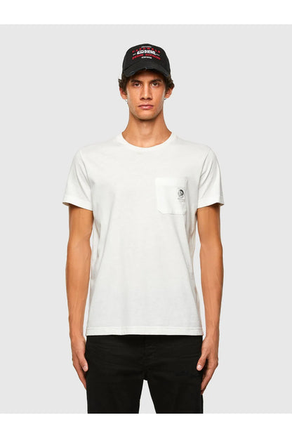 Diesel men’s white crewneck T-shirt with chest pocket and logo