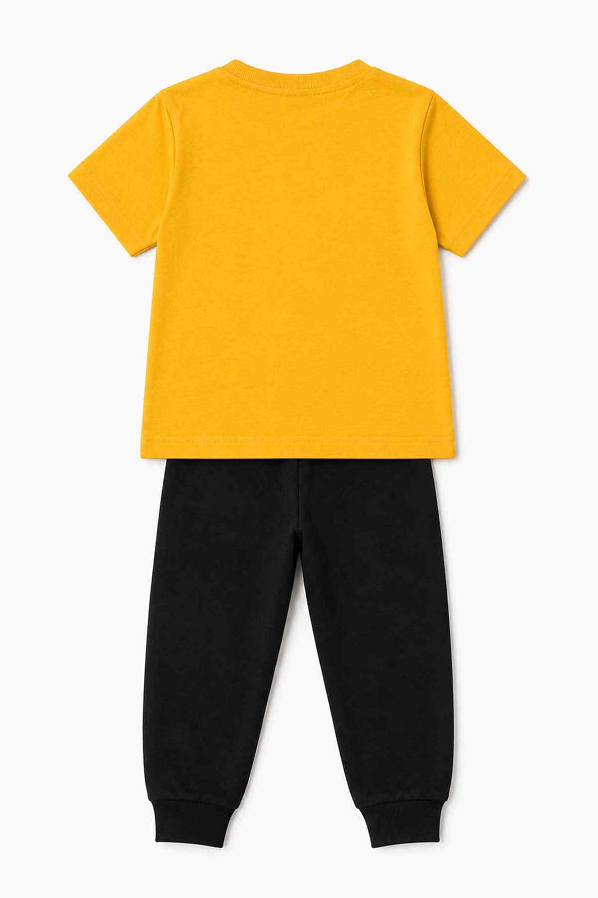 Kids yellow T-shirt and black jogger pants set, laid-out front view