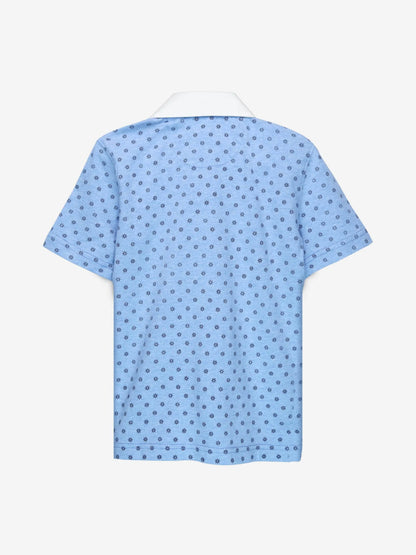 Blue short-sleeve polo shirt with small repeating dot pattern, back view