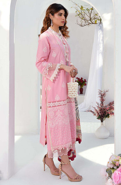 Rose pink embroidered kurta-style dress with lace neckline, pearl bag and matching dupatta