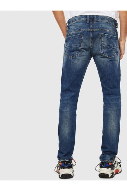 Diesel blue denim jeans back view with two back pockets and belt loops