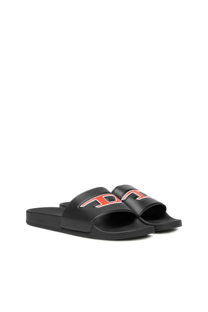 Black slide sandals, open-toe with layered strap and red/white logo