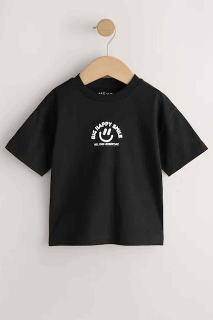 Black kids T-shirt on wooden hanger, front logo graphic and crew neck